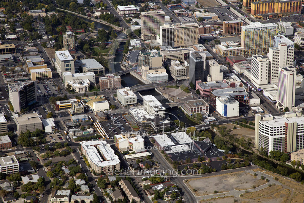 Aerial Image Riverwalk in Downtown Reno, Nevada 2017