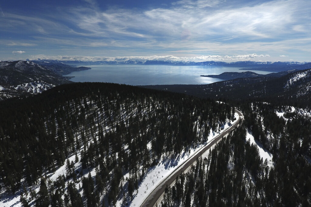 helicopter aerial view of Lake Tahoe