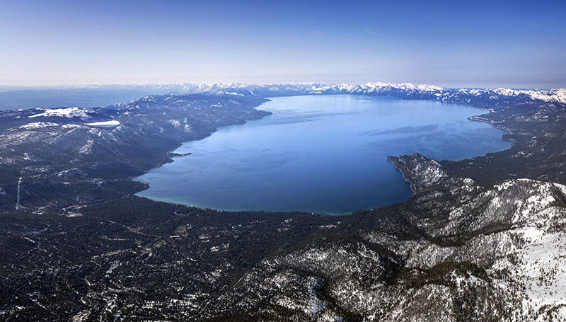 Lake Tahoe wide aerial panoramic view