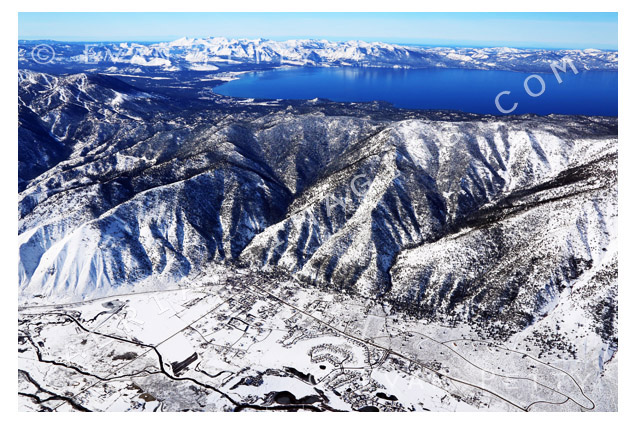 aerial view of Genoa in Winter with Lake Tahoe in the background
