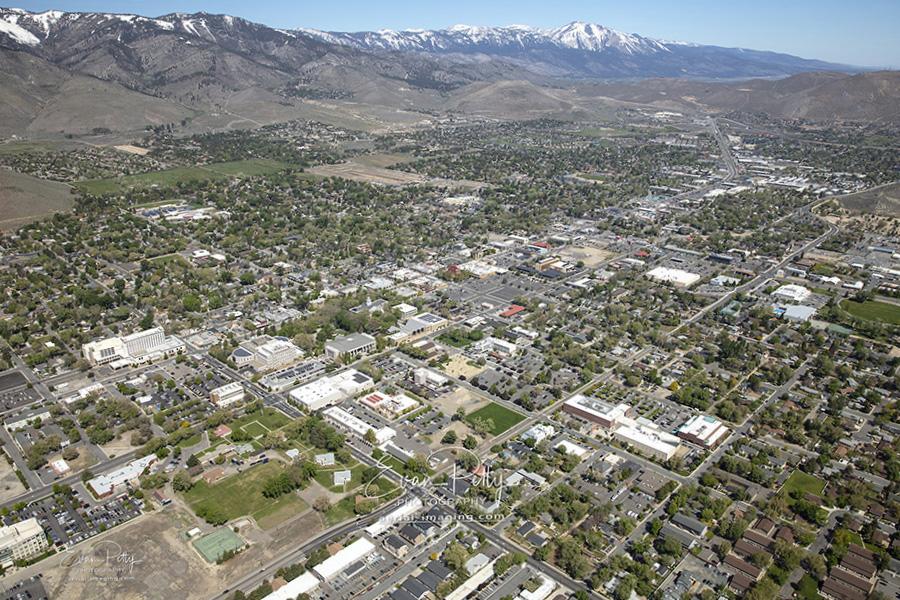 Carson City Downtown Aerial View with Sierras