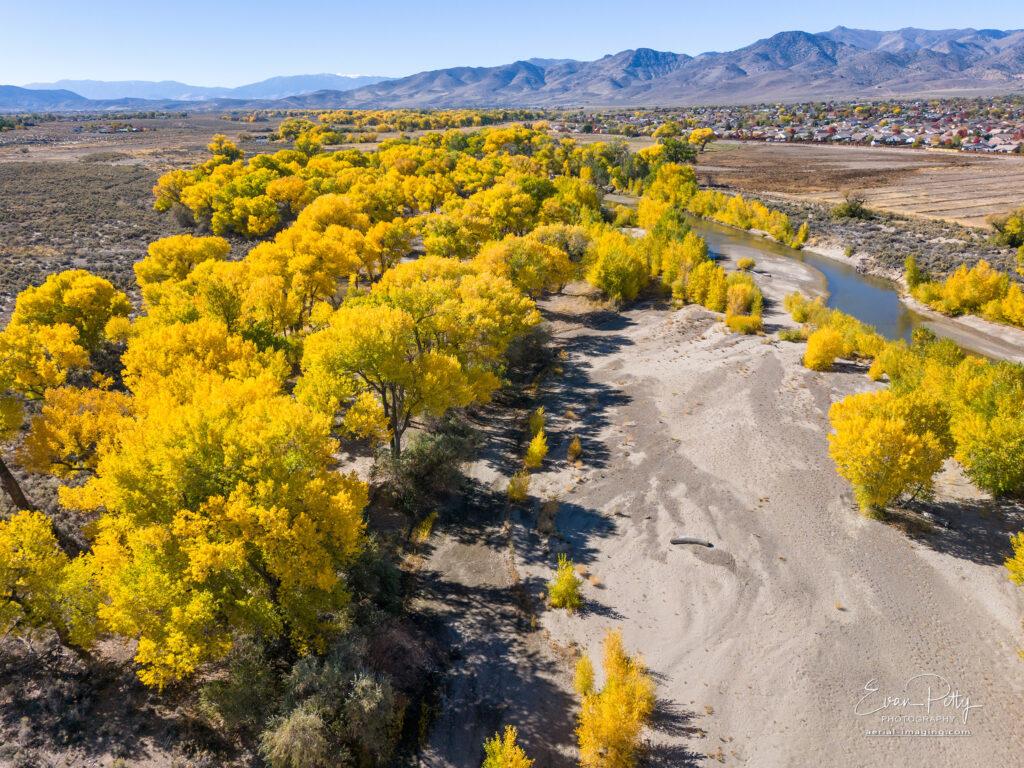 Drone photography view over Carson River in Dayton, NV