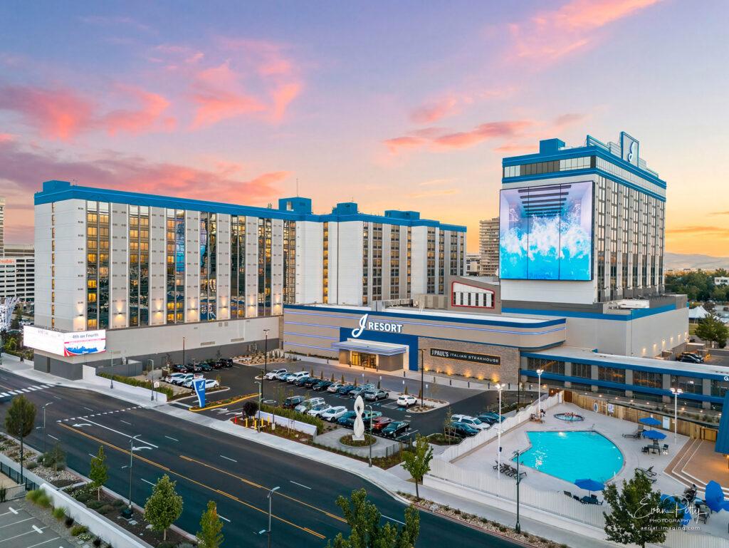 Front exterior view of J Resort at sunset
