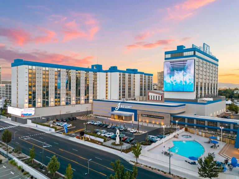 Front exterior view of J Resort at sunset