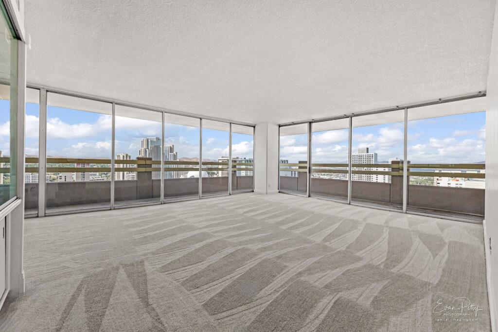Interior living room area corner windows