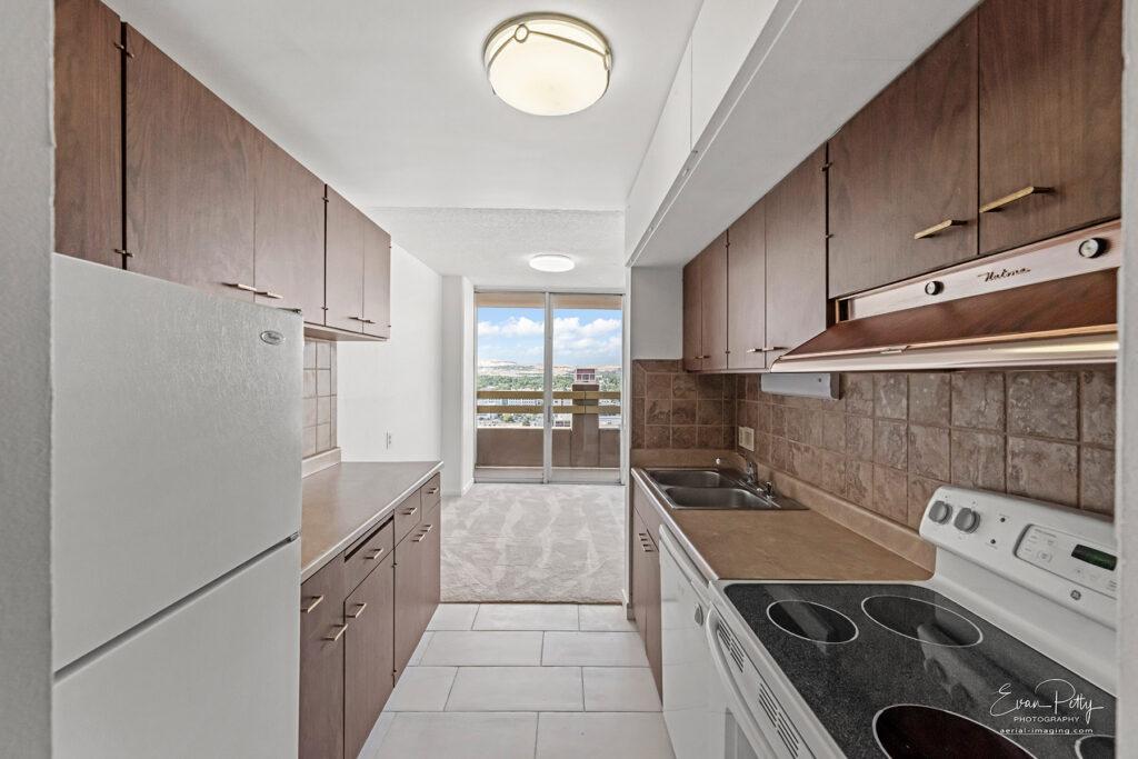 Alternate kitchen view showing countertops