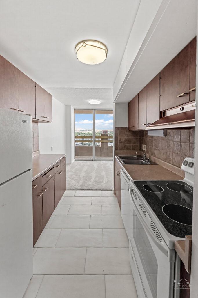 Kitchen view with windows outside