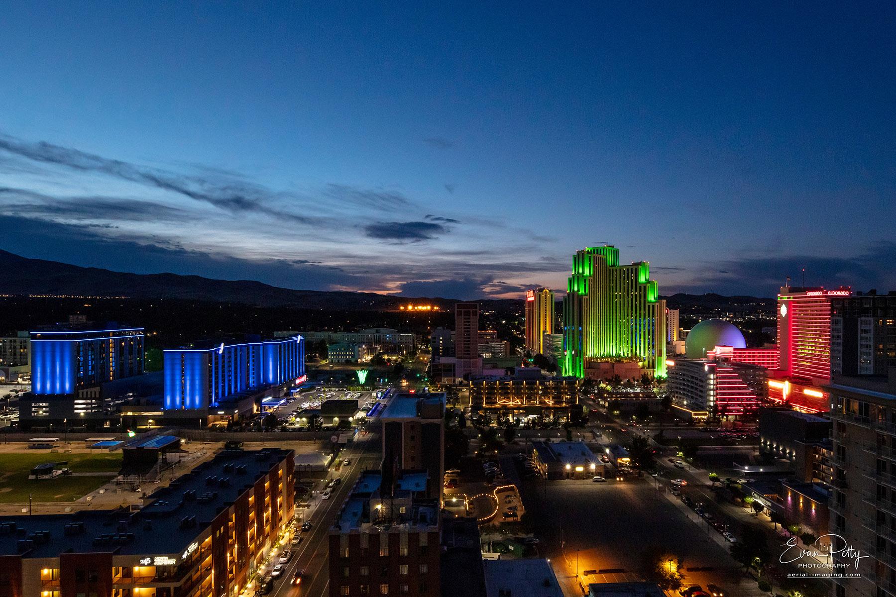 Night view after sunset at Arlington Towers in Reno, NV