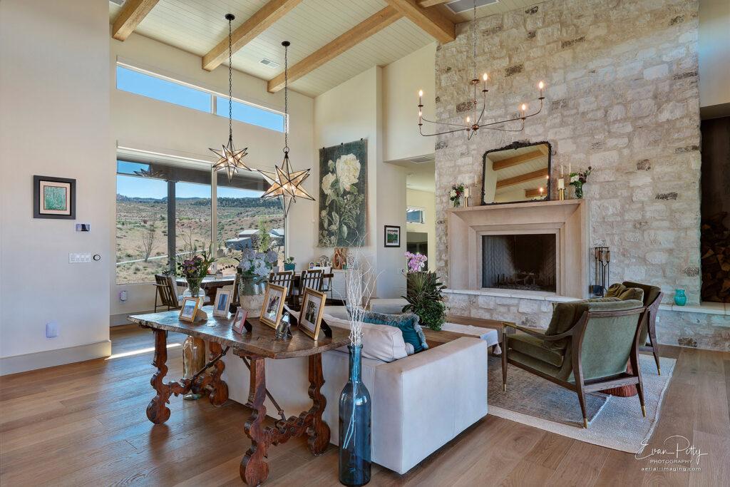The living room seating area with the fireplace.