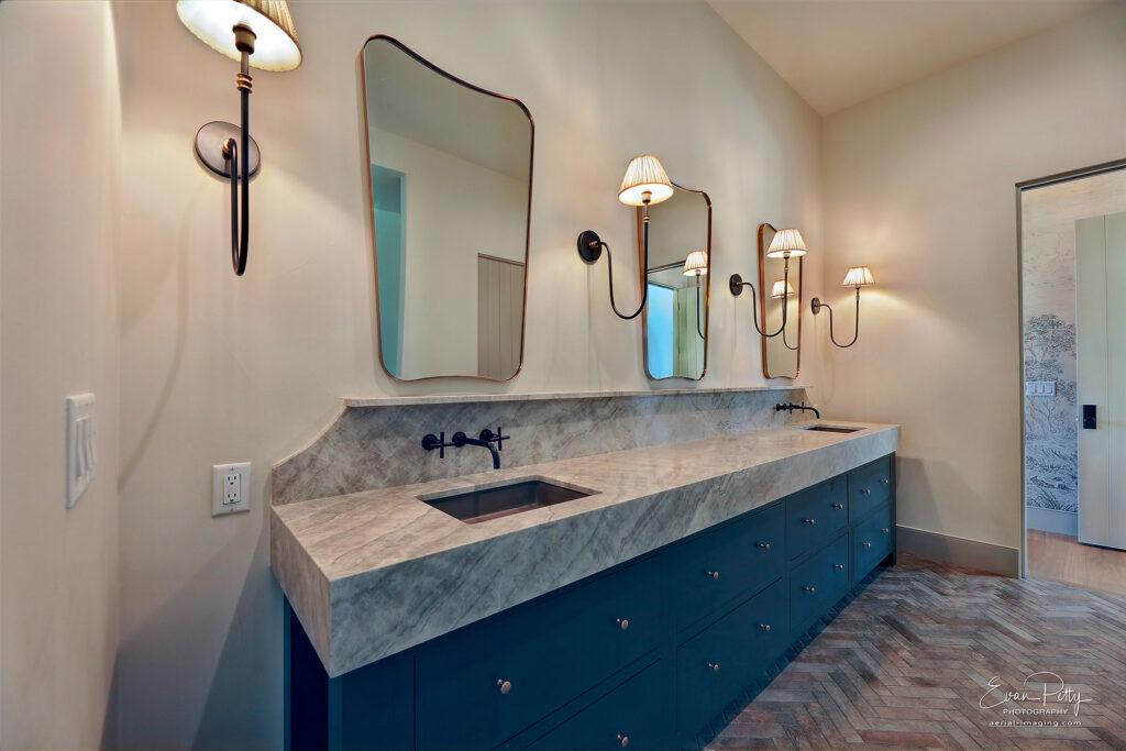 Bathroom countertop double vanity in stone.