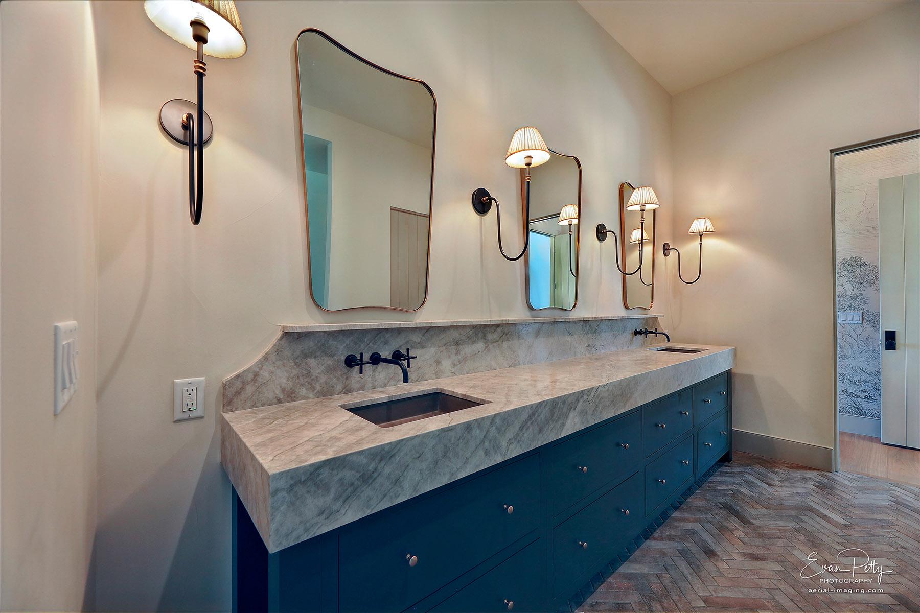 Bathroom countertop double vanity in stone.