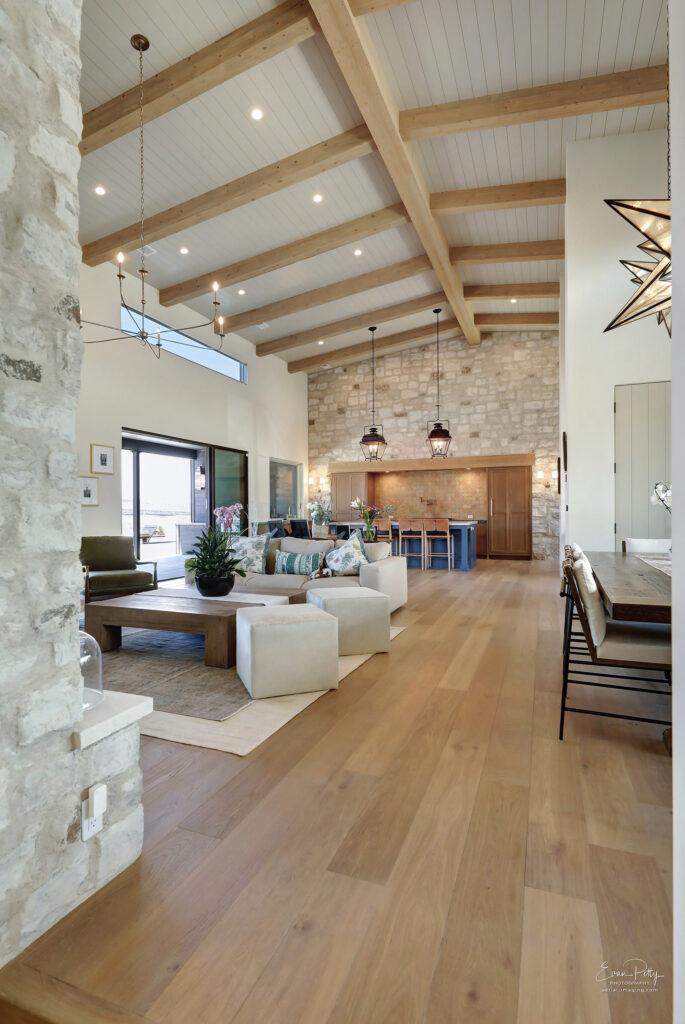 High ceilings of the living room and kitchen areas.