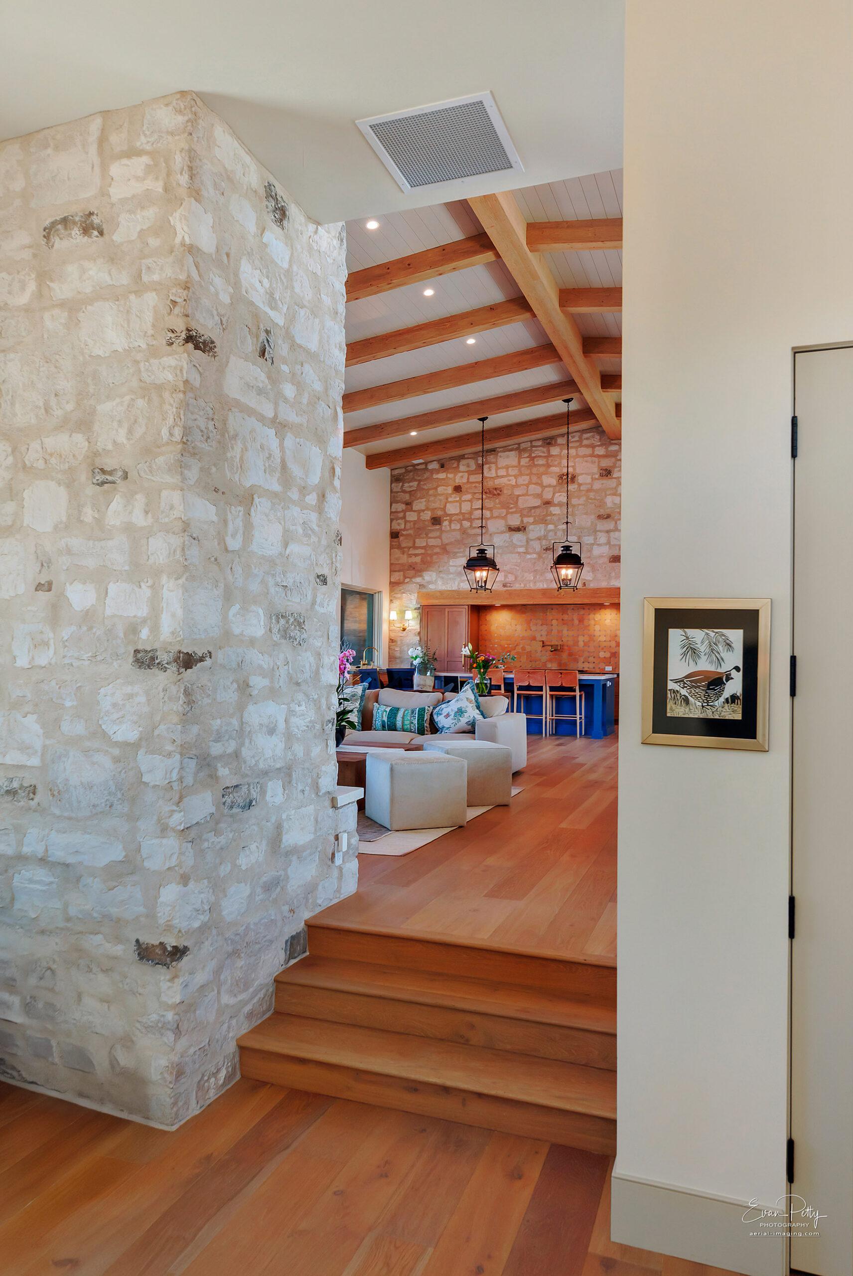 The view of the living from the family room steps.