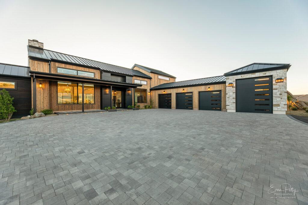 Another view of the driveway at twilight.