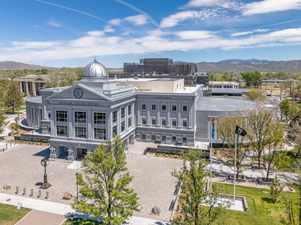 Nevada State Legislature building drone exterior view in Carson City, NV.