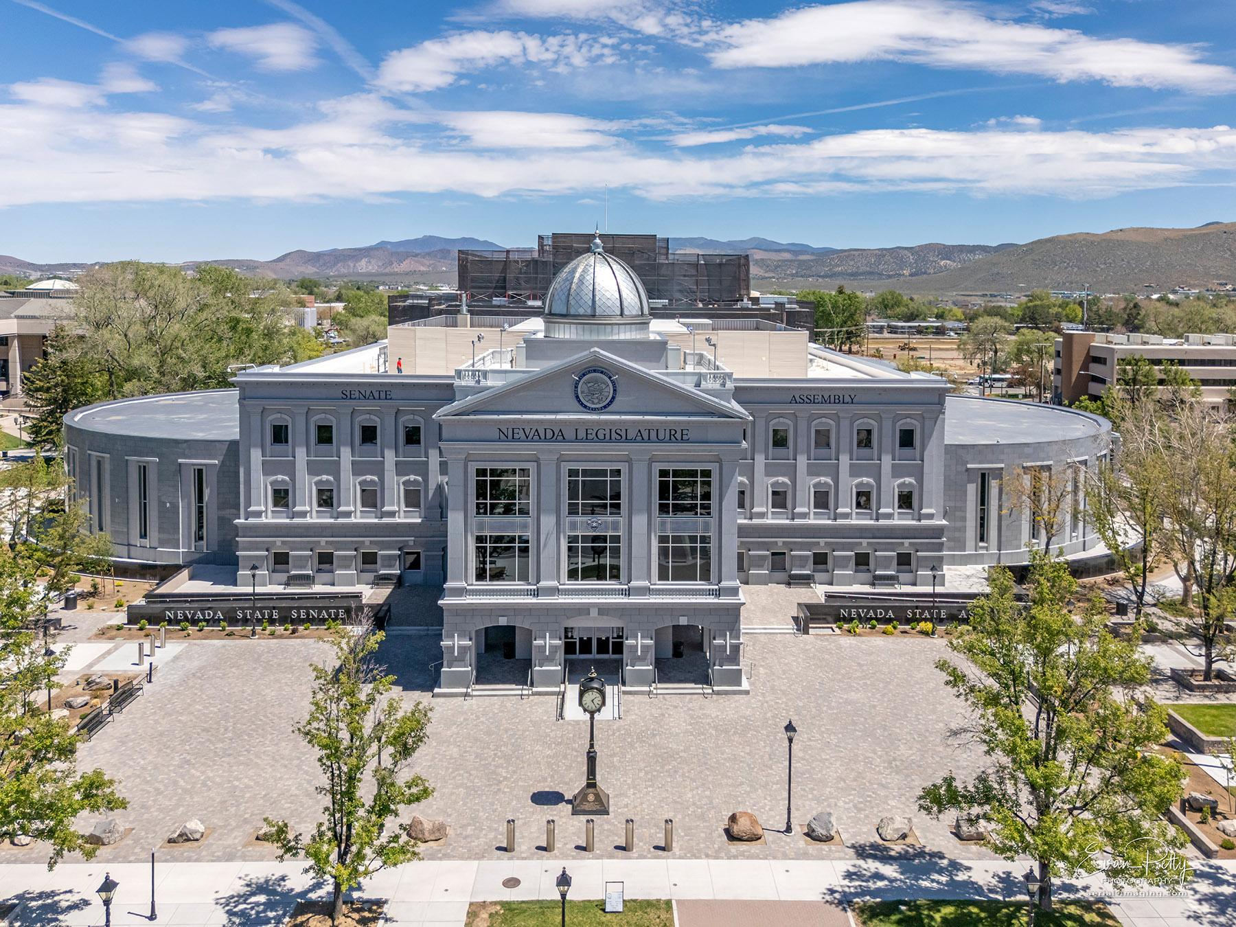 Drone side view of Nevada State Legislature Building