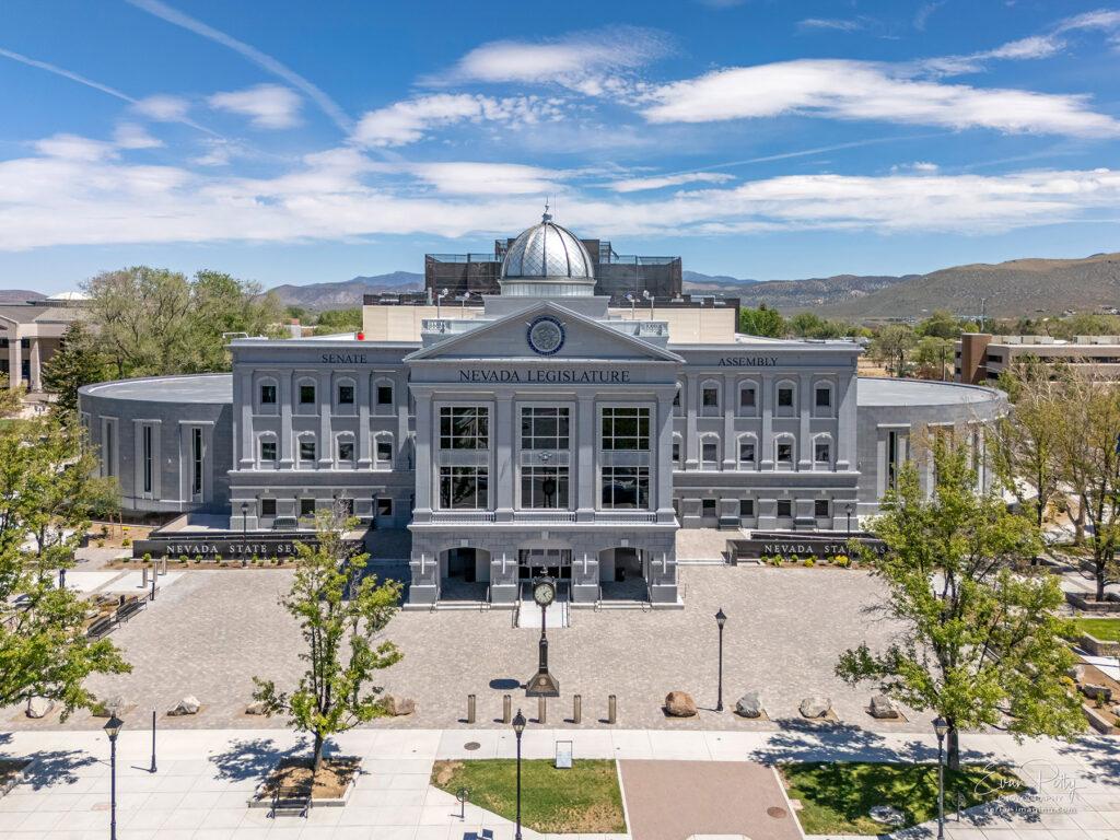Drone front view of Nevada State Legislature Building
