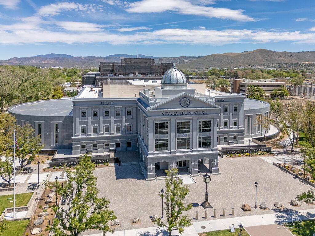 Drone side view of Nevada State Legislature Building