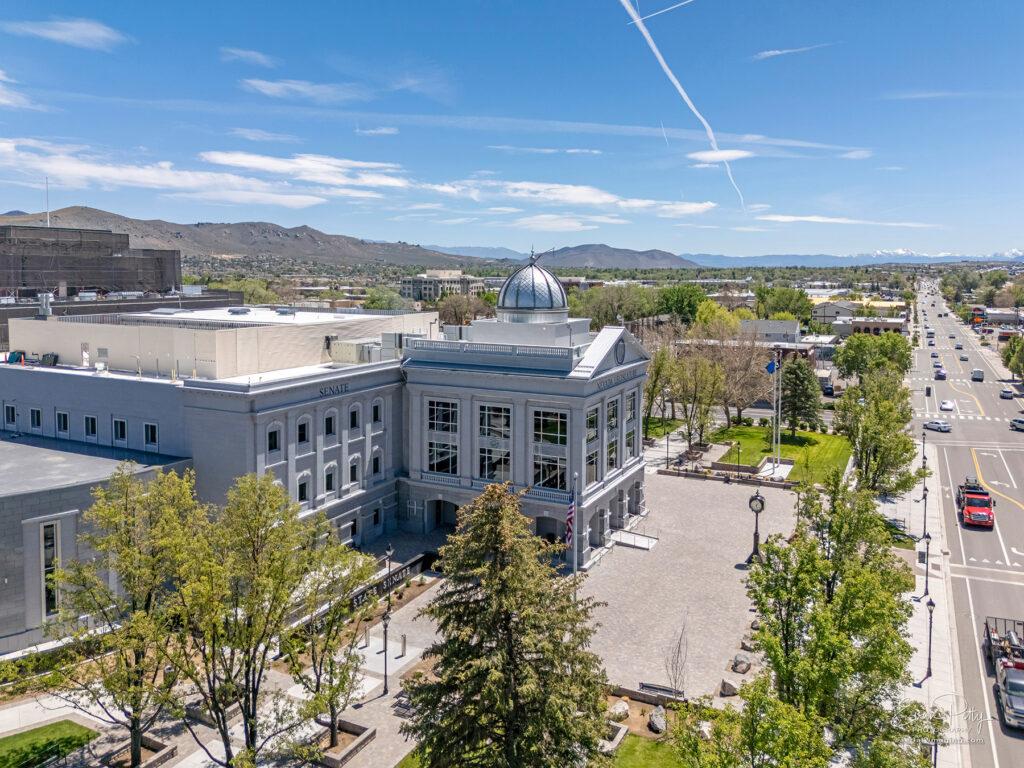 Drone side and front view of Nevada State Legislature Building
