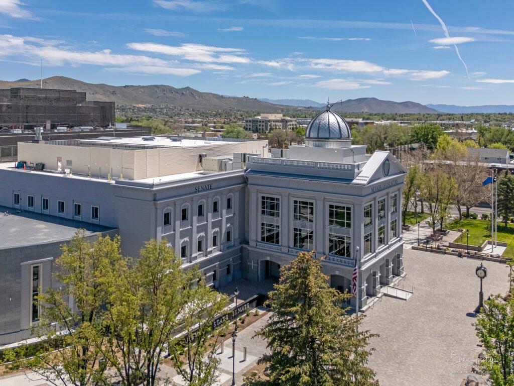 Drone side view of Nevada State Legislature Building
