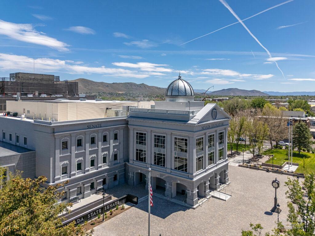 Drone side view of Nevada State Legislature Building