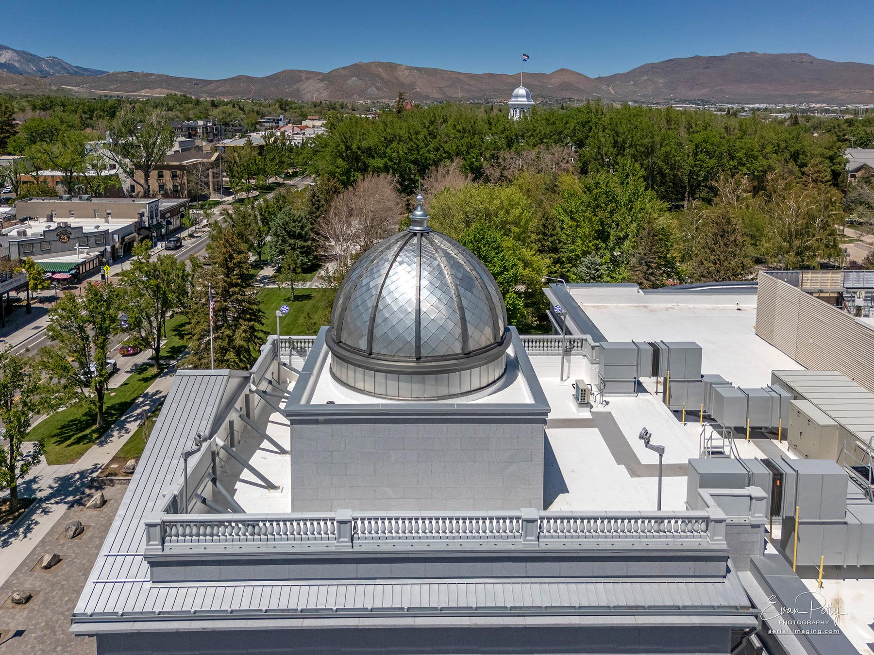 Drone view of dome above Nevada State Legislature building in Carson City, NV