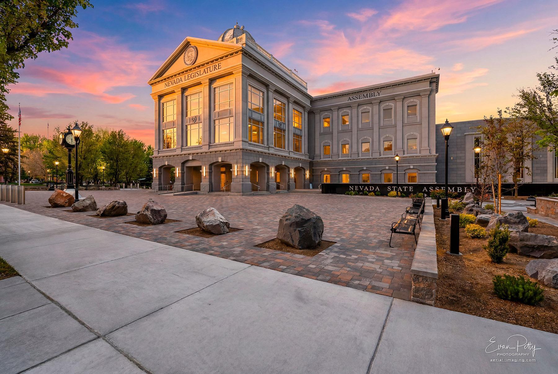 Nevada State Capitol photographed at twilight